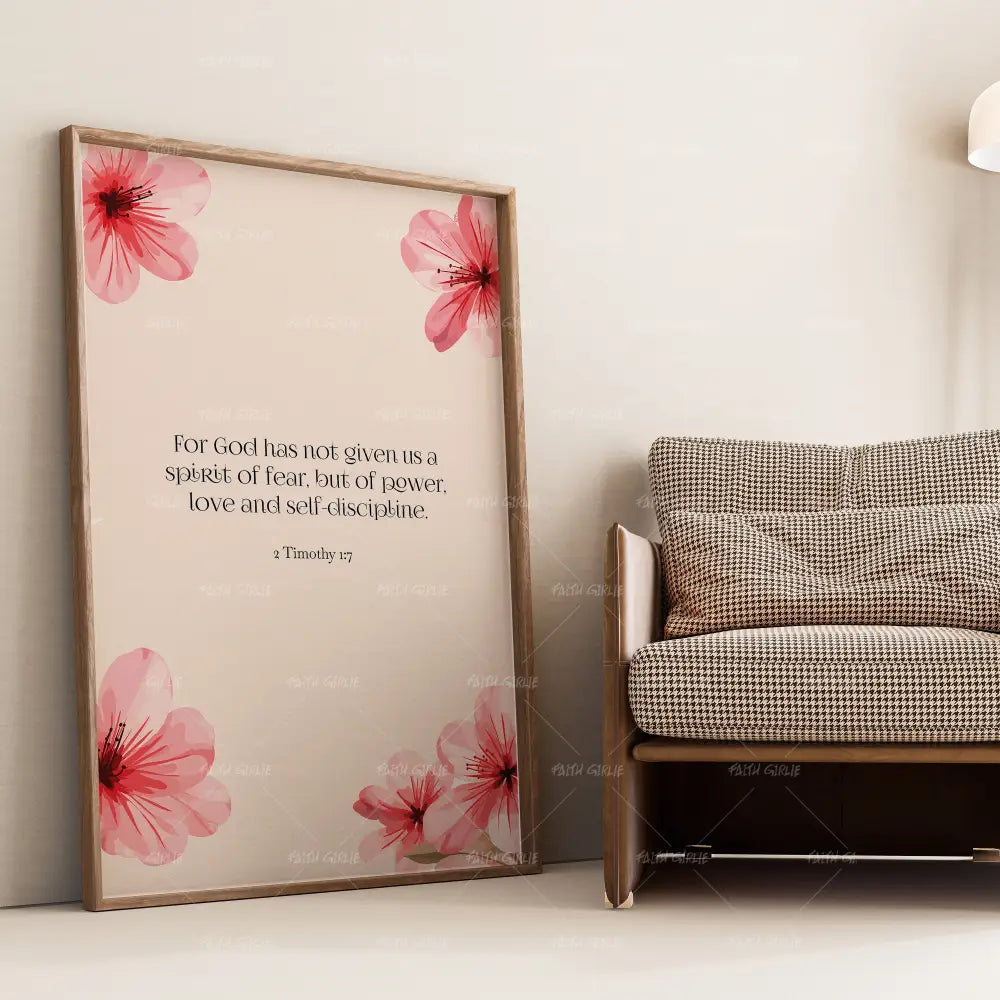 2 Timothy 1:7- Bible verse wall art and Christian wall art by Faith Girlie featuring faith-inspired designs, uplifting Scripture, and modern Christian home decor. Perfect for Christian living room decor, bedroom decor, office decor, prayer room decor, and meaningful Christian gifts for women and families.-Faith Girlie