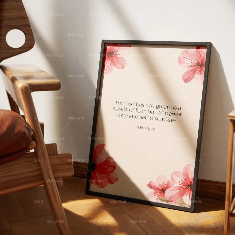 2 Timothy 1:7- Bible verse wall art and Christian wall art by Faith Girlie featuring faith-inspired designs, uplifting Scripture, and modern Christian home decor. Perfect for Christian living room decor, bedroom decor, office decor, prayer room decor, and meaningful Christian gifts for women and families.-Faith Girlie