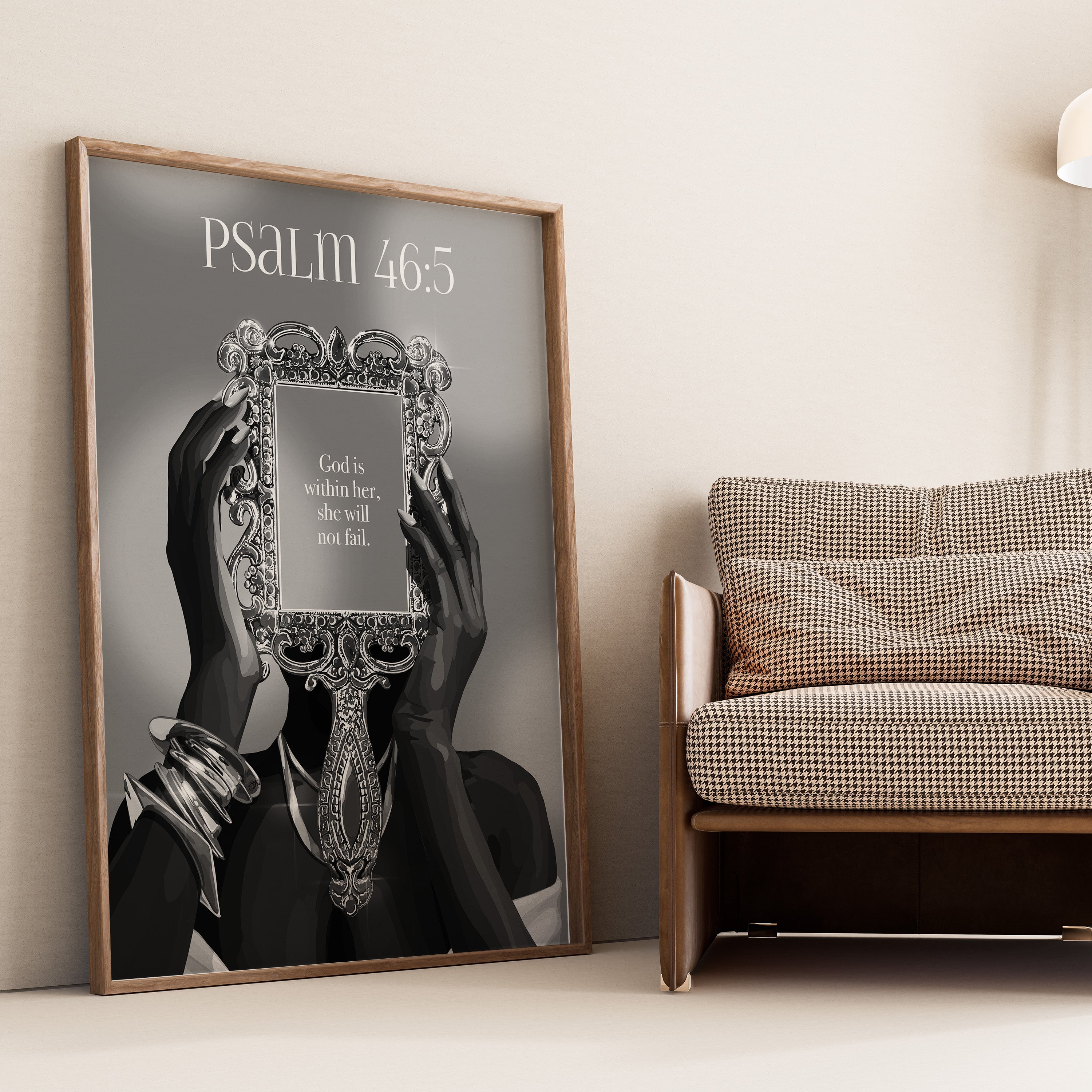 Psalm 46:5 B&W- Bible verse wall art and Christian wall art by Faith Girlie featuring faith-inspired designs, uplifting Scripture, and modern Christian home decor. Perfect for Christian living room decor, bedroom decor, office decor, prayer room decor, and meaningful Christian gifts for women and families.-Faith Girlie