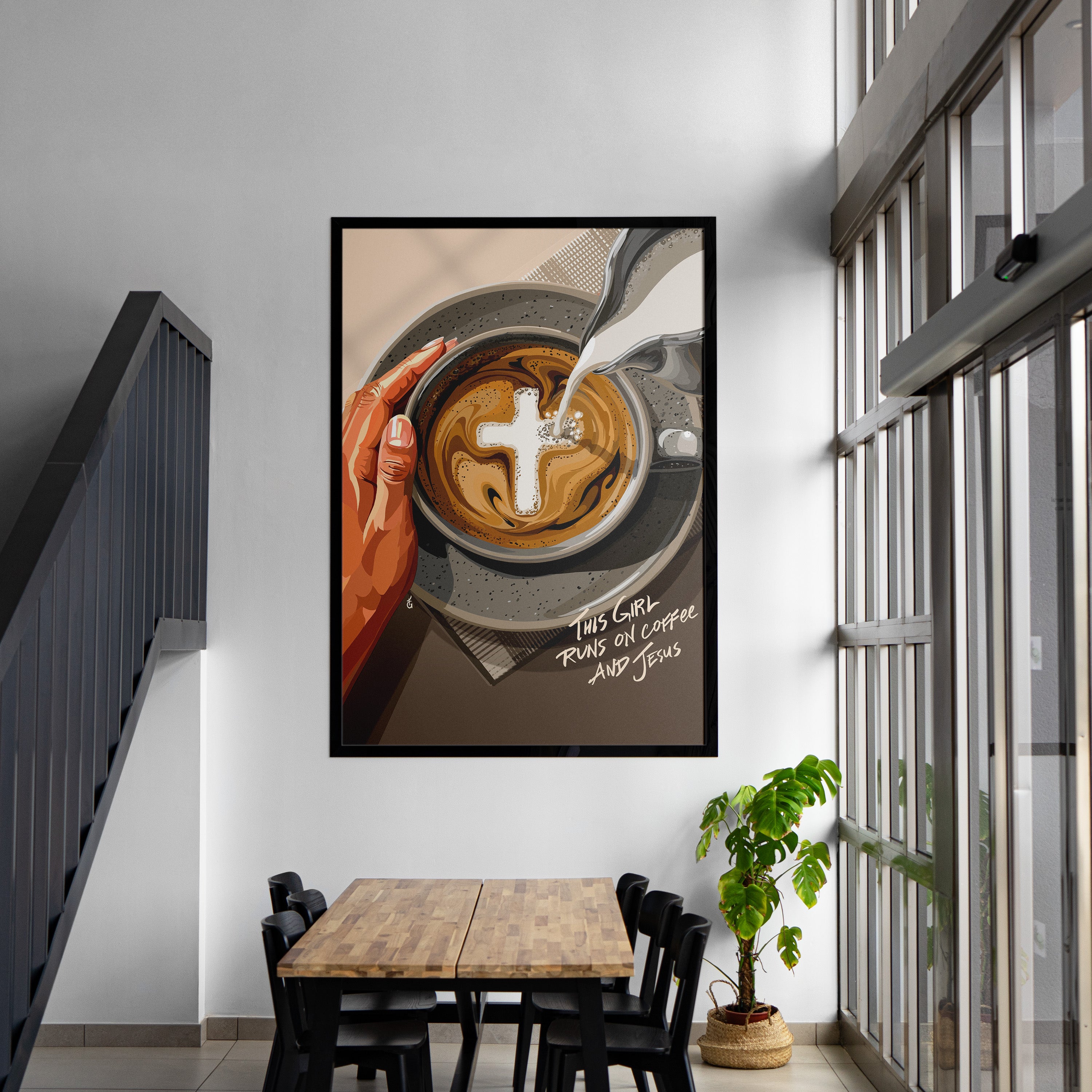 Jesus & Coffee- Bible verse wall art and Christian wall art by Faith Girlie featuring faith-inspired designs, uplifting Scripture, and modern Christian home decor. Perfect for Christian living room decor, bedroom decor, office decor, prayer room decor, and meaningful Christian gifts for women and families.-Faith Girlie