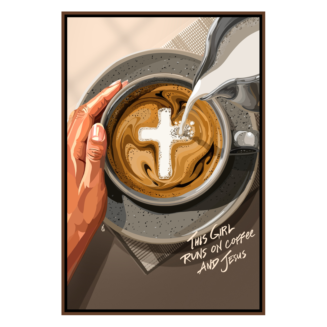 Jesus & Coffee- Bible verse wall art and Christian wall art by Faith Girlie featuring faith-inspired designs, uplifting Scripture, and modern Christian home decor. Perfect for Christian living room decor, bedroom decor, office decor, prayer room decor, and meaningful Christian gifts for women and families.-Faith Girlie