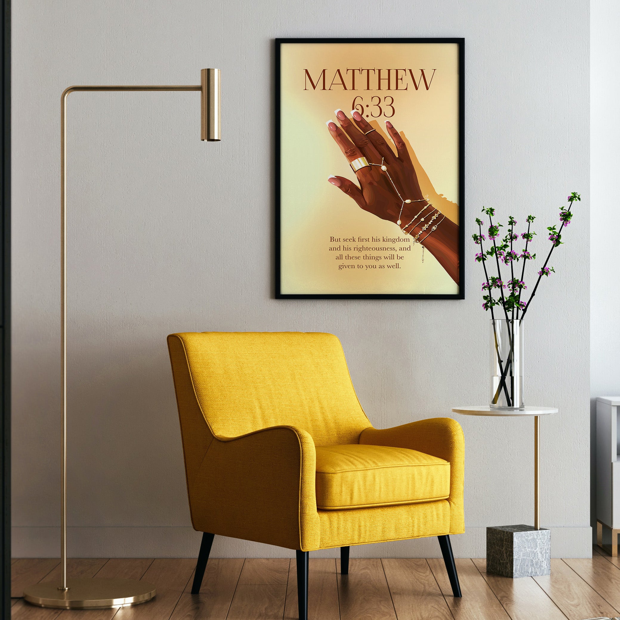 Matthew 6:33 Gold- Bible verse wall art and Christian wall art by Faith Girlie featuring faith-inspired designs, uplifting Scripture, and modern Christian home decor. Perfect for Christian living room decor, bedroom decor, office decor, prayer room decor, and meaningful Christian gifts for women and families.-Faith Girlie