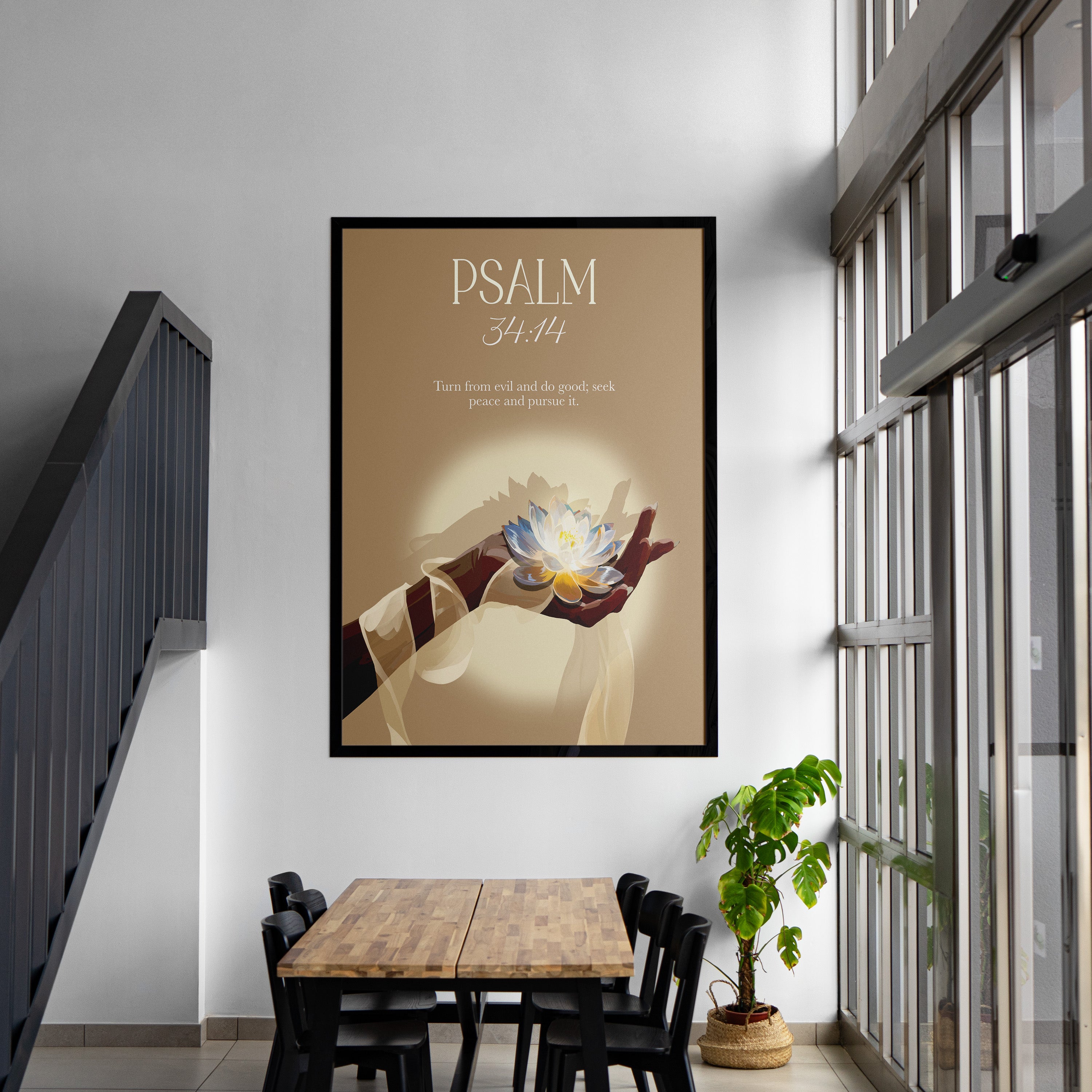 Psalm 34:14- Bible verse wall art and Christian wall art by Faith Girlie featuring faith-inspired designs, uplifting Scripture, and modern Christian home decor. Perfect for Christian living room decor, bedroom decor, office decor, prayer room decor, and meaningful Christian gifts for women and families.-Faith Girlie