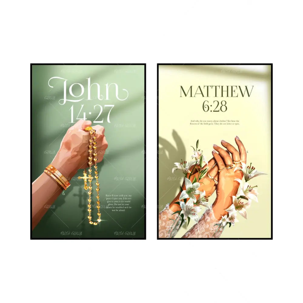 Art Print Bundle : John 14:27 + Matthew 6:28- Bible verse wall art and Christian wall art by Faith Girlie featuring faith-inspired designs, uplifting Scripture, and modern Christian home decor. Perfect for Christian living room decor, bedroom decor, office decor, prayer room decor, and meaningful Christian gifts for women and families.-Faith Girlie