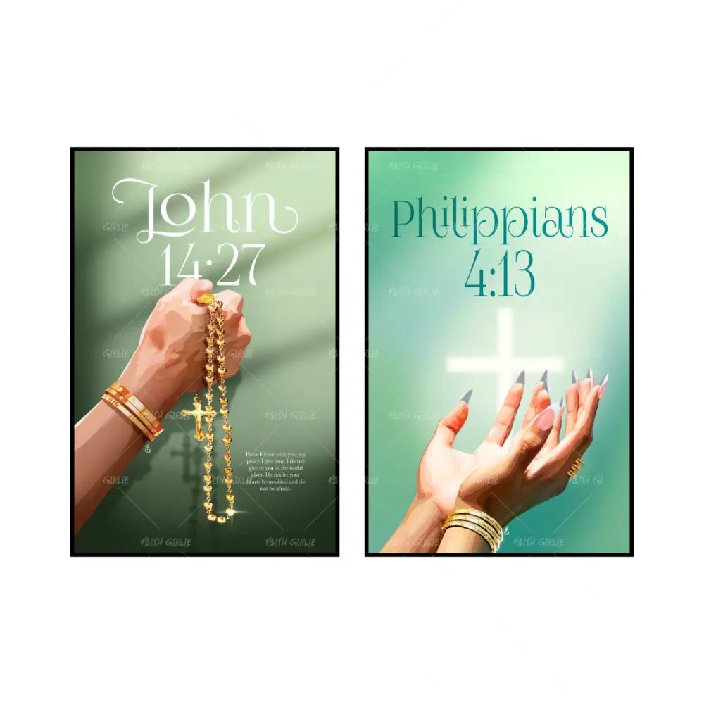 Art Print Bundle : John 14:27 + Philippians 4:13- Bible verse wall art and Christian wall art by Faith Girlie featuring faith-inspired designs, uplifting Scripture, and modern Christian home decor. Perfect for Christian living room decor, bedroom decor, office decor, prayer room decor, and meaningful Christian gifts for women and families.-Faith Girlie