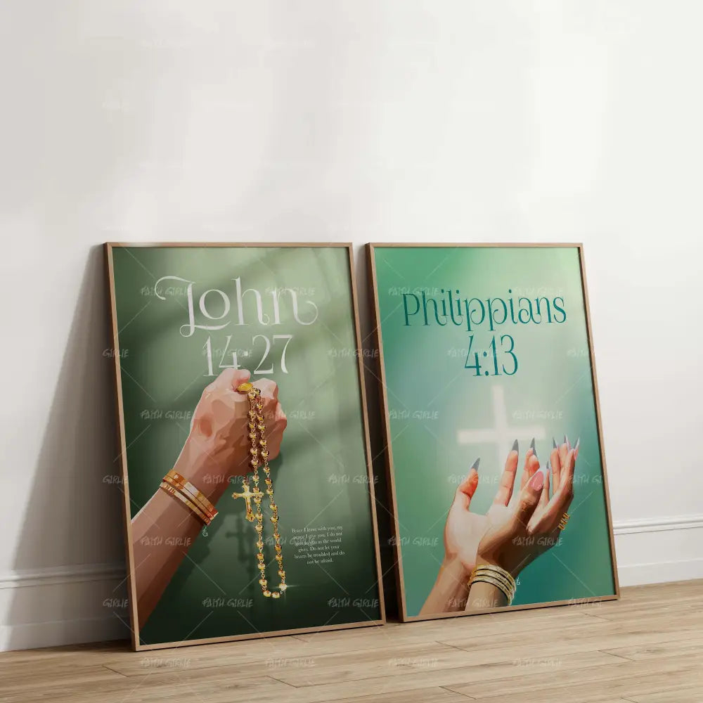 Art Print Bundle : John 14:27 + Philippians 4:13- Bible verse wall art and Christian wall art by Faith Girlie featuring faith-inspired designs, uplifting Scripture, and modern Christian home decor. Perfect for Christian living room decor, bedroom decor, office decor, prayer room decor, and meaningful Christian gifts for women and families.-Faith Girlie