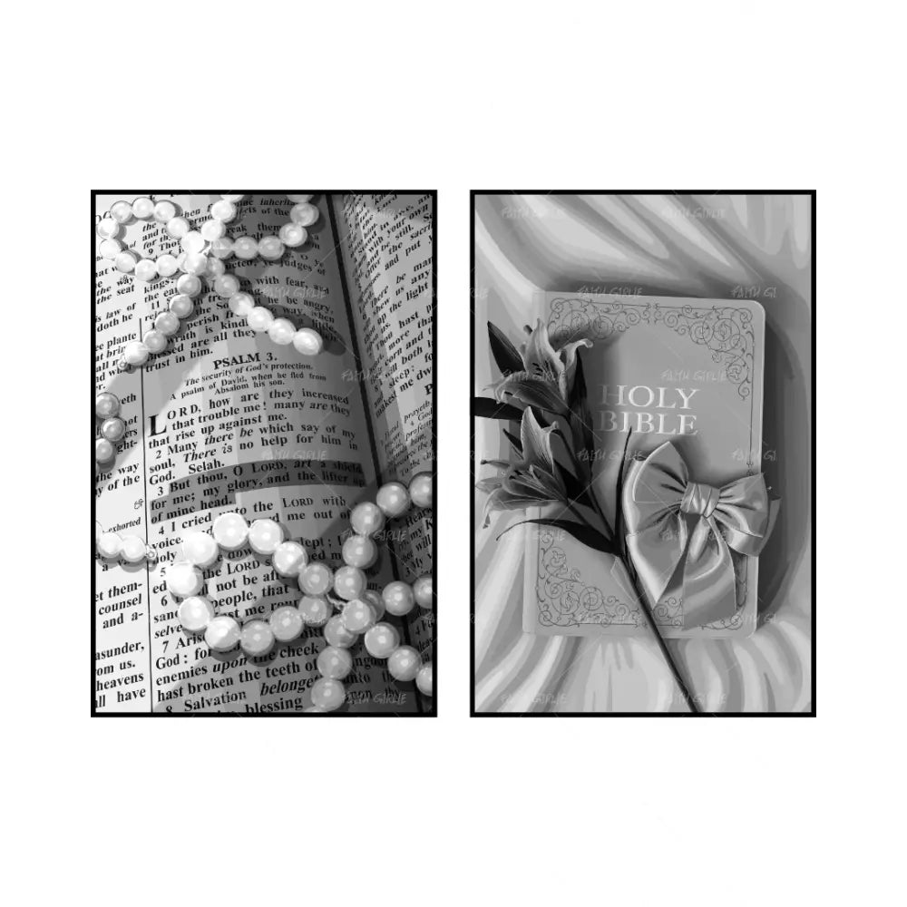 Art Print Bundle : Surrounded By Faith B&W + Sacred & Still B&W- Bible verse wall art and Christian wall art by Faith Girlie featuring faith-inspired designs, uplifting Scripture, and modern Christian home decor. Perfect for Christian living room decor, bedroom decor, office decor, prayer room decor, and meaningful Christian gifts for women and families.-Faith Girlie