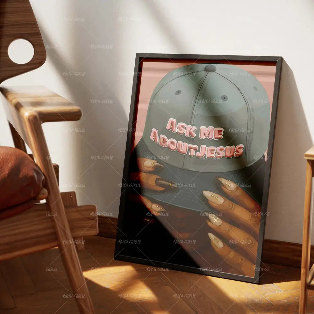 Ask Me About Jesus-wall art print featuring decorative artistic design suitable for living rooms, offices, and schools by Faith Girlie. Elevate your space with faith-inspired wall art designed to bring peace, purpose, and beauty into your home. At Faith Girlie, each piece is thoughtfully created to inspire reflection, strengthen faith, and celebrate a life grounded in God’s word.