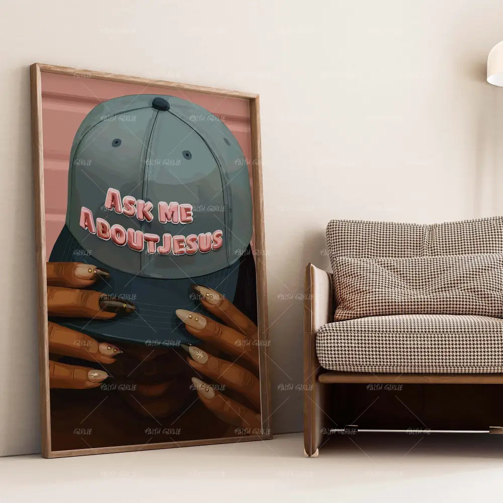 Ask Me About Jesus-wall art print featuring decorative artistic design suitable for living rooms, offices, and schools by Faith Girlie. Elevate your space with faith-inspired wall art designed to bring peace, purpose, and beauty into your home. At Faith Girlie, each piece is thoughtfully created to inspire reflection, strengthen faith, and celebrate a life grounded in God’s word.