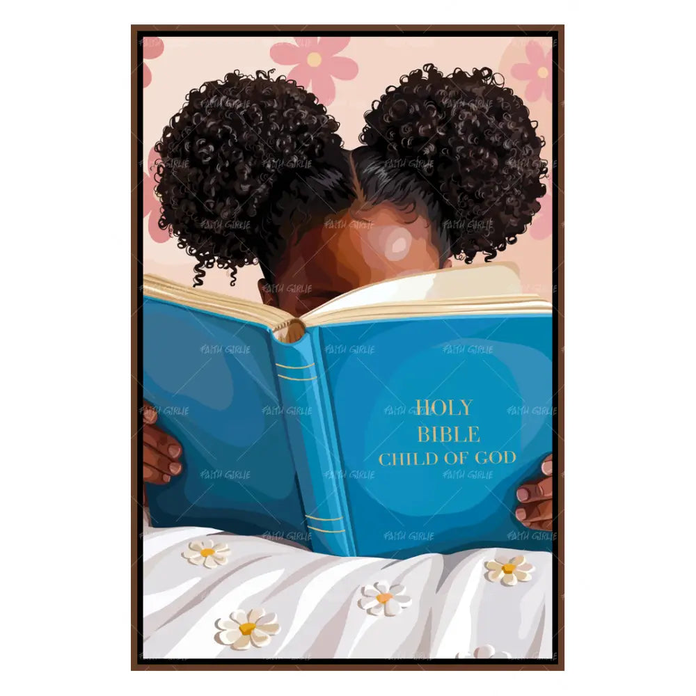 Child of God Christian wall art by Faith Girlie featuring a woman with natural curly hair reading a blue Holy Bible against a soft pink floral background.