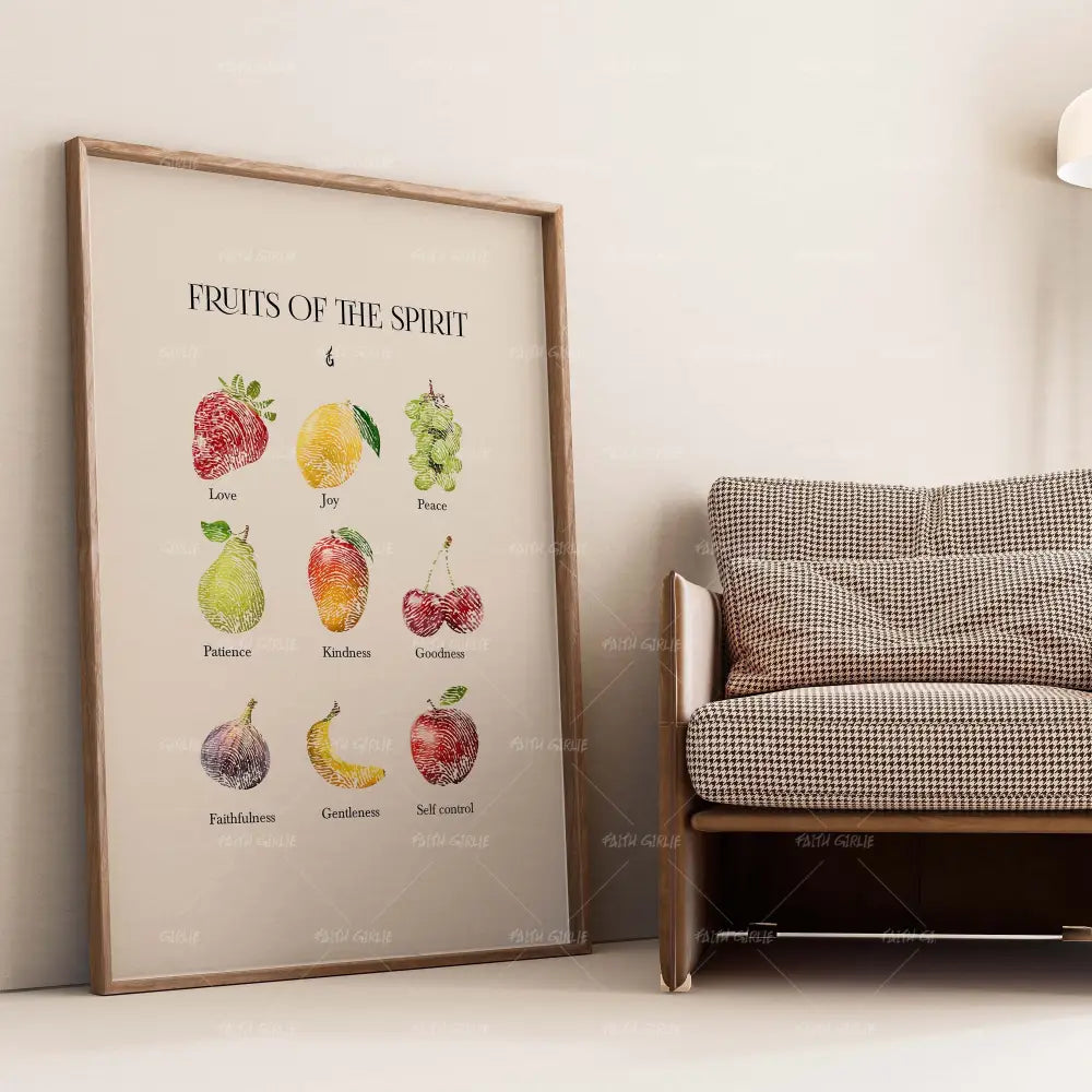 Fruits Of The Spirit-wall art print featuring decorative artistic design suitable for living rooms, offices, and schools by Faith Girlie. Elevate your space with faith-inspired wall art designed to bring peace, purpose, and beauty into your home. At Faith Girlie, each piece is thoughtfully created to inspire reflection, strengthen faith, and celebrate a life grounded in God’s word.