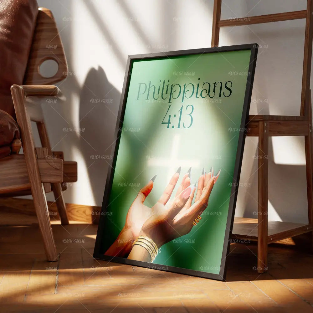 Green Philippians 4:13-wall art print featuring decorative artistic design suitable for living rooms, offices, and schools by Faith Girlie. Elevate your space with faith-inspired wall art designed to bring peace, purpose, and beauty into your home. At Faith Girlie, each piece is thoughtfully created to inspire reflection, strengthen faith, and celebrate a life grounded in God’s word.