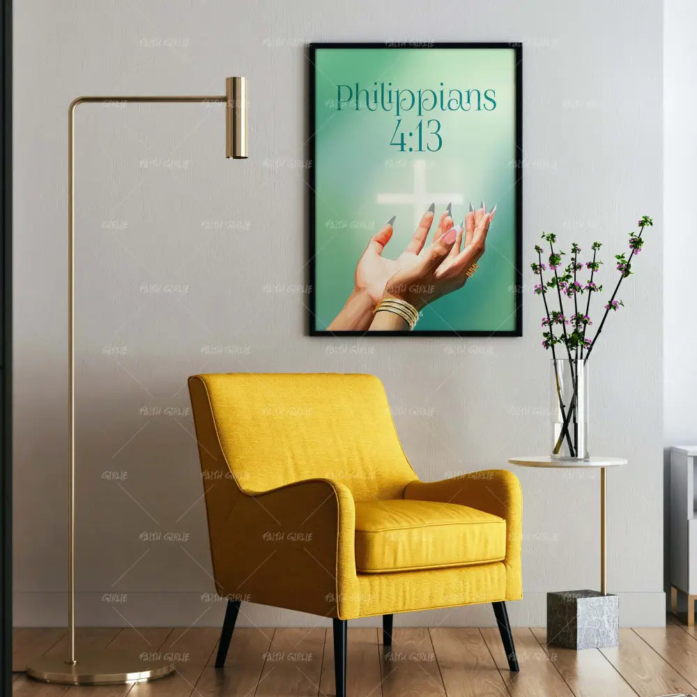 Green Philippians 4:13-wall art print featuring decorative artistic design suitable for living rooms, offices, and schools by Faith Girlie. Elevate your space with faith-inspired wall art designed to bring peace, purpose, and beauty into your home. At Faith Girlie, each piece is thoughtfully created to inspire reflection, strengthen faith, and celebrate a life grounded in God’s word.