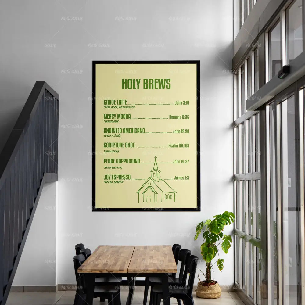 Holy Brews- Bible verse wall art and Christian wall art by Faith Girlie featuring faith-inspired designs, uplifting Scripture, and modern Christian home decor. Perfect for Christian living room decor, bedroom decor, office decor, prayer room decor, and meaningful Christian gifts for women and families.-Faith Girlie
