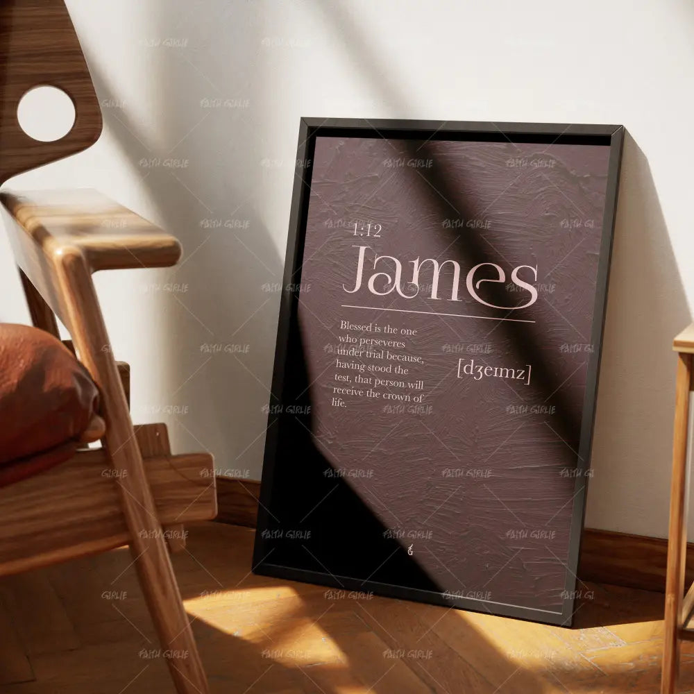James 1:12- Bible verse wall art and Christian wall art by Faith Girlie featuring faith-inspired designs, uplifting Scripture, and modern Christian home decor. Perfect for Christian living room decor, bedroom decor, office decor, prayer room decor, and meaningful Christian gifts for women and families.-Faith Girlie