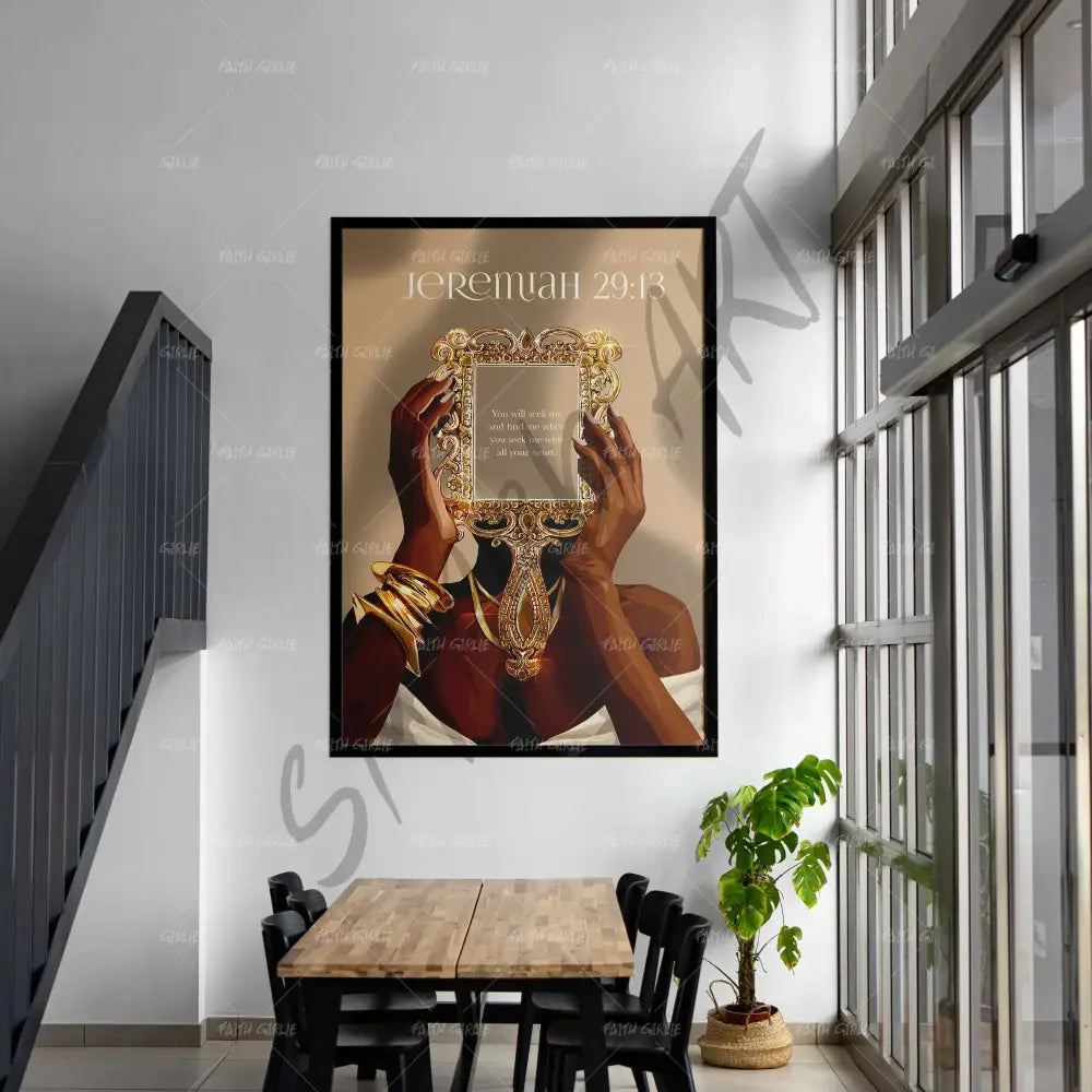 Jeremiah 29:13-wall art print featuring decorative artistic design suitable for living rooms, offices, and schools by Faith Girlie. Elevate your space with faith-inspired wall art designed to bring peace, purpose, and beauty into your home. At Faith Girlie, each piece is thoughtfully created to inspire reflection, strengthen faith, and celebrate a life grounded in God’s word.
