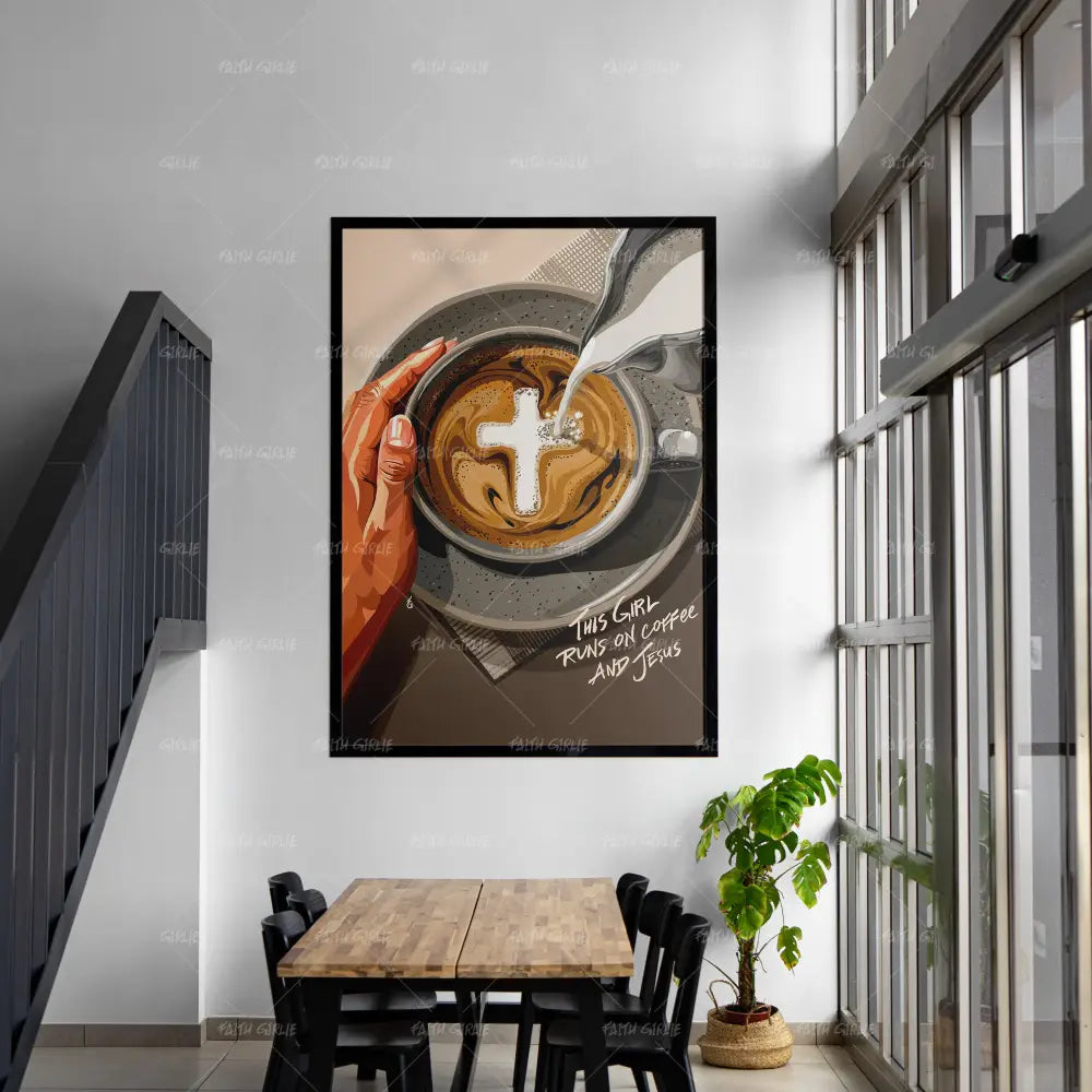 Jesus & Coffee- Bible verse wall art and Christian wall art by Faith Girlie featuring faith-inspired designs, uplifting Scripture, and modern Christian home decor. Perfect for Christian living room decor, bedroom decor, office decor, prayer room decor, and meaningful Christian gifts for women and families.-Faith Girlie