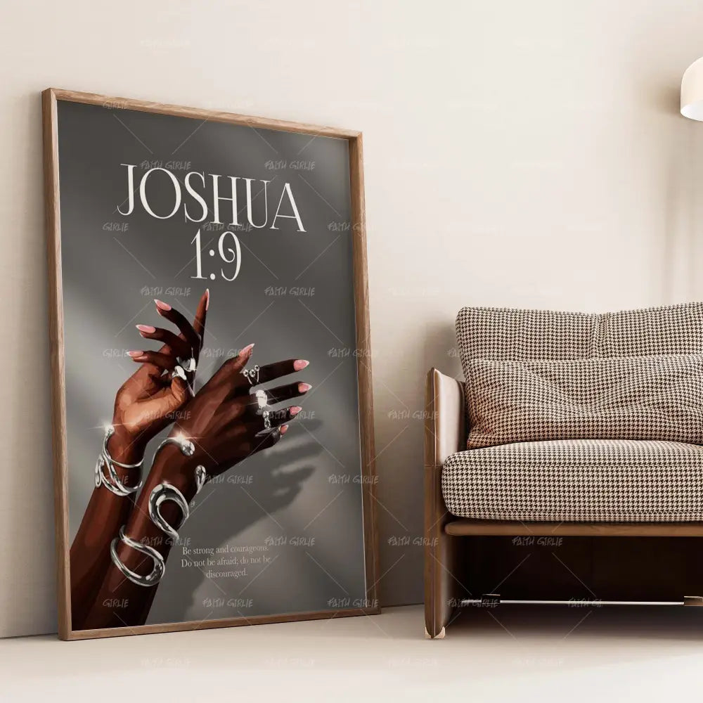 Joshua 1:9-wall art print featuring decorative artistic design suitable for living rooms, offices, and schools by Faith Girlie. Elevate your space with faith-inspired wall art designed to bring peace, purpose, and beauty into your home. At Faith Girlie, each piece is thoughtfully created to inspire reflection, strengthen faith, and celebrate a life grounded in God’s word.