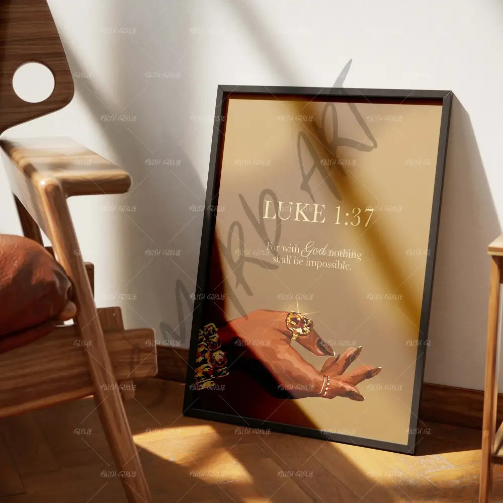 Luke 1:37 Gold-wall art print featuring decorative artistic design suitable for living rooms, offices, and schools by Faith Girlie. Elevate your space with faith-inspired wall art designed to bring peace, purpose, and beauty into your home. At Faith Girlie, each piece is thoughtfully created to inspire reflection, strengthen faith, and celebrate a life grounded in God’s word.