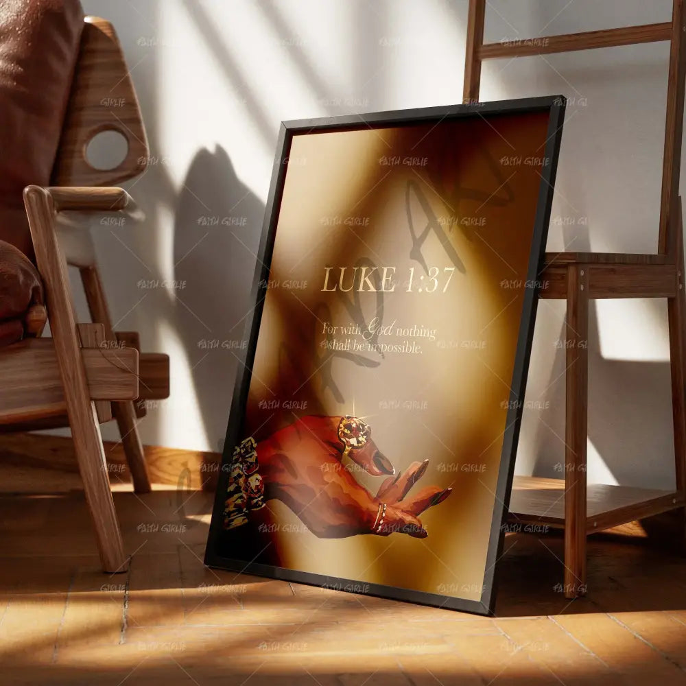 Luke 1:37 Gold-wall art print featuring decorative artistic design suitable for living rooms, offices, and schools by Faith Girlie. Elevate your space with faith-inspired wall art designed to bring peace, purpose, and beauty into your home. At Faith Girlie, each piece is thoughtfully created to inspire reflection, strengthen faith, and celebrate a life grounded in Godās word.