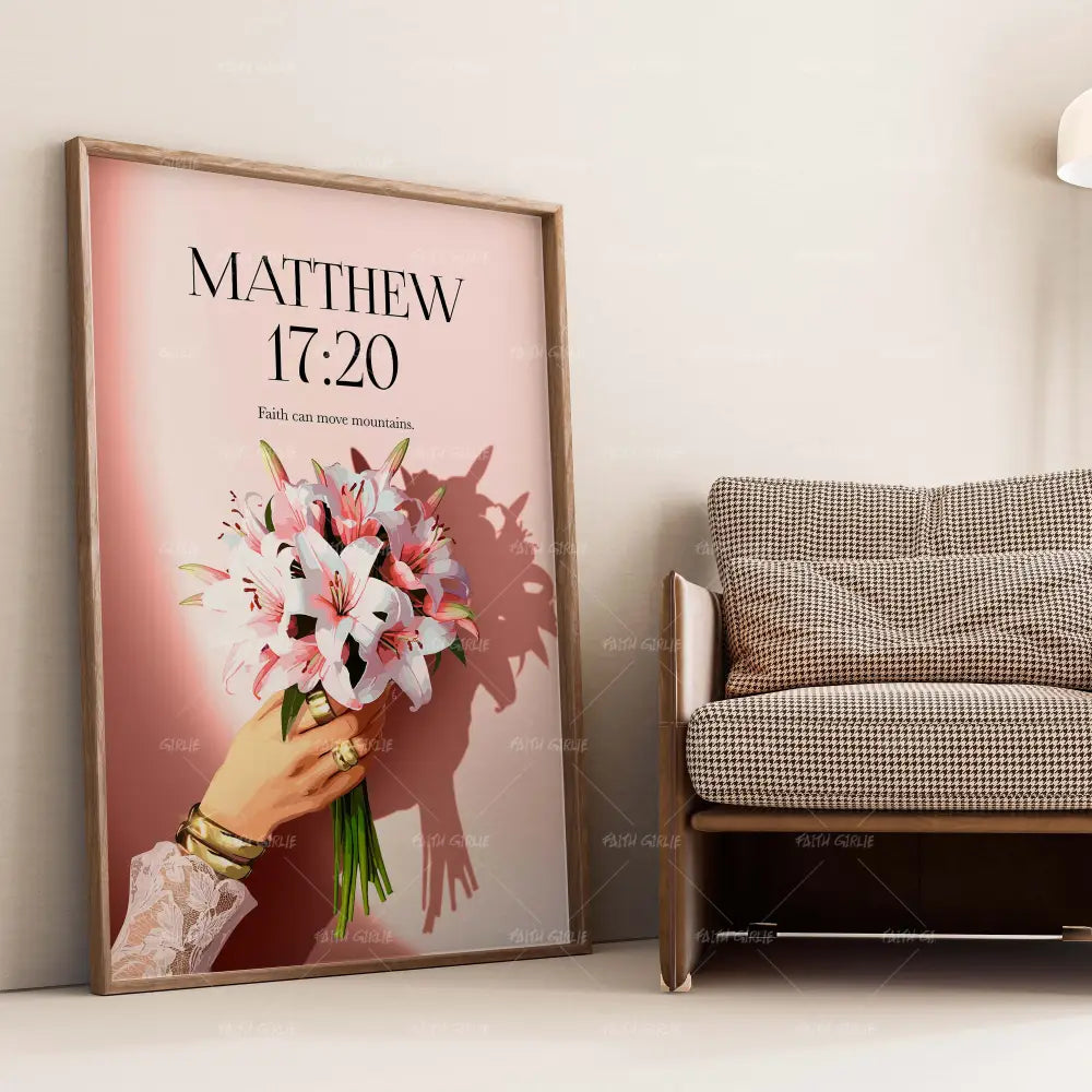 Matthew 17:20- Bible verse wall art and Christian wall art by Faith Girlie featuring faith-inspired designs, uplifting Scripture, and modern Christian home decor. Perfect for Christian living room decor, bedroom decor, office decor, prayer room decor, and meaningful Christian gifts for women and families.-Faith Girlie