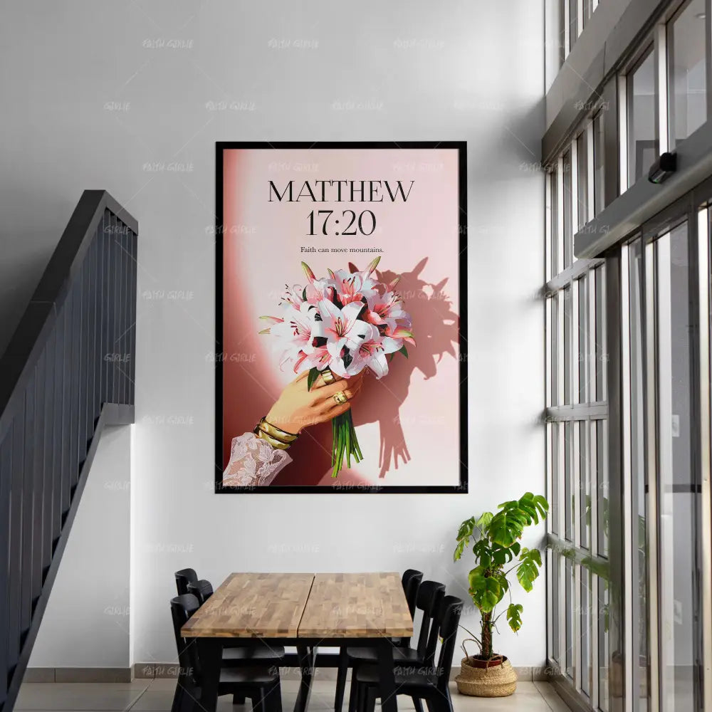 Matthew 17:20- Bible verse wall art and Christian wall art by Faith Girlie featuring faith-inspired designs, uplifting Scripture, and modern Christian home decor. Perfect for Christian living room decor, bedroom decor, office decor, prayer room decor, and meaningful Christian gifts for women and families.-Faith Girlie