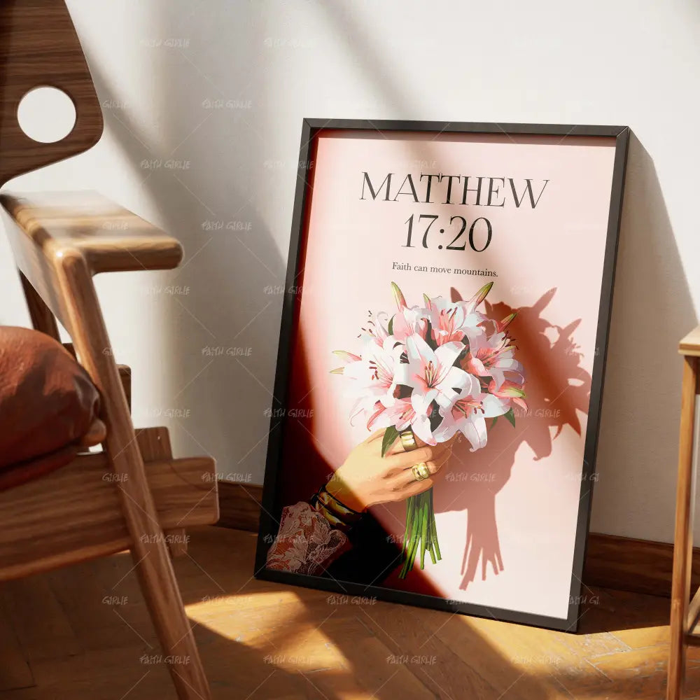 Matthew 17:20- Bible verse wall art and Christian wall art by Faith Girlie featuring faith-inspired designs, uplifting Scripture, and modern Christian home decor. Perfect for Christian living room decor, bedroom decor, office decor, prayer room decor, and meaningful Christian gifts for women and families.-Faith Girlie