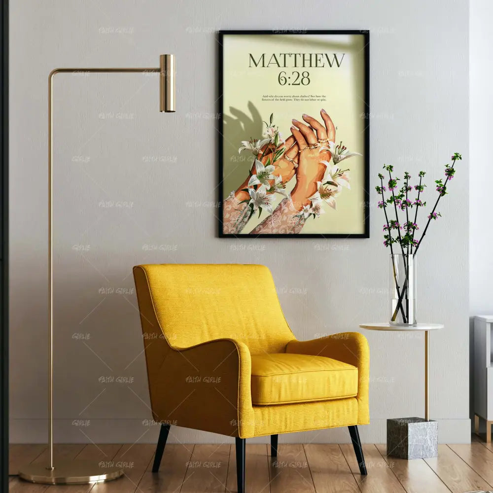 Matthew 6:28- Bible verse wall art and Christian wall art by Faith Girlie featuring faith-inspired designs, uplifting Scripture, and modern Christian home decor. Perfect for Christian living room decor, bedroom decor, office decor, prayer room decor, and meaningful Christian gifts for women and families.-Faith Girlie