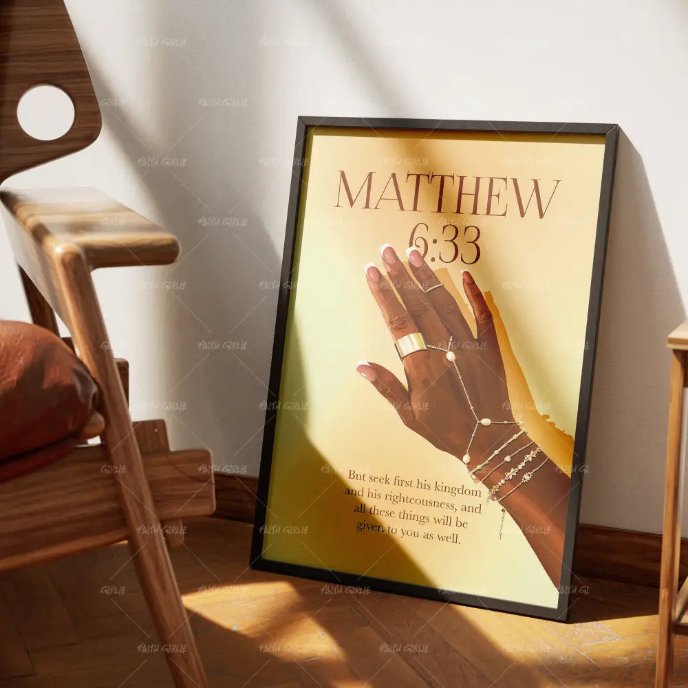 Matthew 6:33 Gold- Bible verse wall art and Christian wall art by Faith Girlie featuring faith-inspired designs, uplifting Scripture, and modern Christian home decor. Perfect for Christian living room decor, bedroom decor, office decor, prayer room decor, and meaningful Christian gifts for women and families.-Faith Girlie