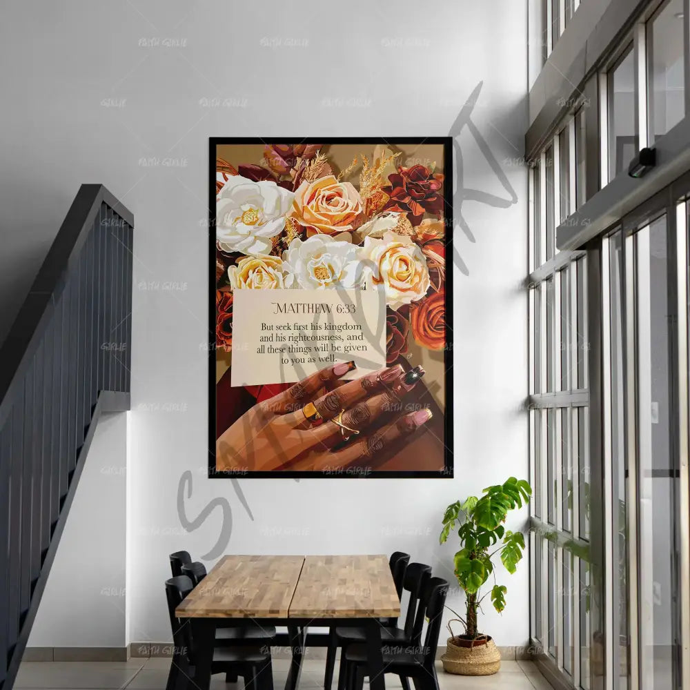 Matthew 6:33- Bible verse wall art and Christian wall art by Faith Girlie featuring faith-inspired designs, uplifting Scripture, and modern Christian home decor. Perfect for Christian living room decor, bedroom decor, office decor, prayer room decor, and meaningful Christian gifts for women and families.-Faith Girlie