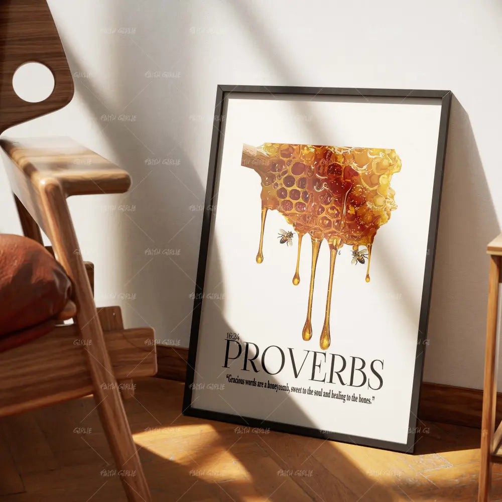 Proverb 16:24-wall art print featuring decorative artistic design suitable for living rooms, offices, and schools by Faith Girlie. Elevate your space with faith-inspired wall art designed to bring peace, purpose, and beauty into your home. At Faith Girlie, each piece is thoughtfully created to inspire reflection, strengthen faith, and celebrate a life grounded in Godās word.