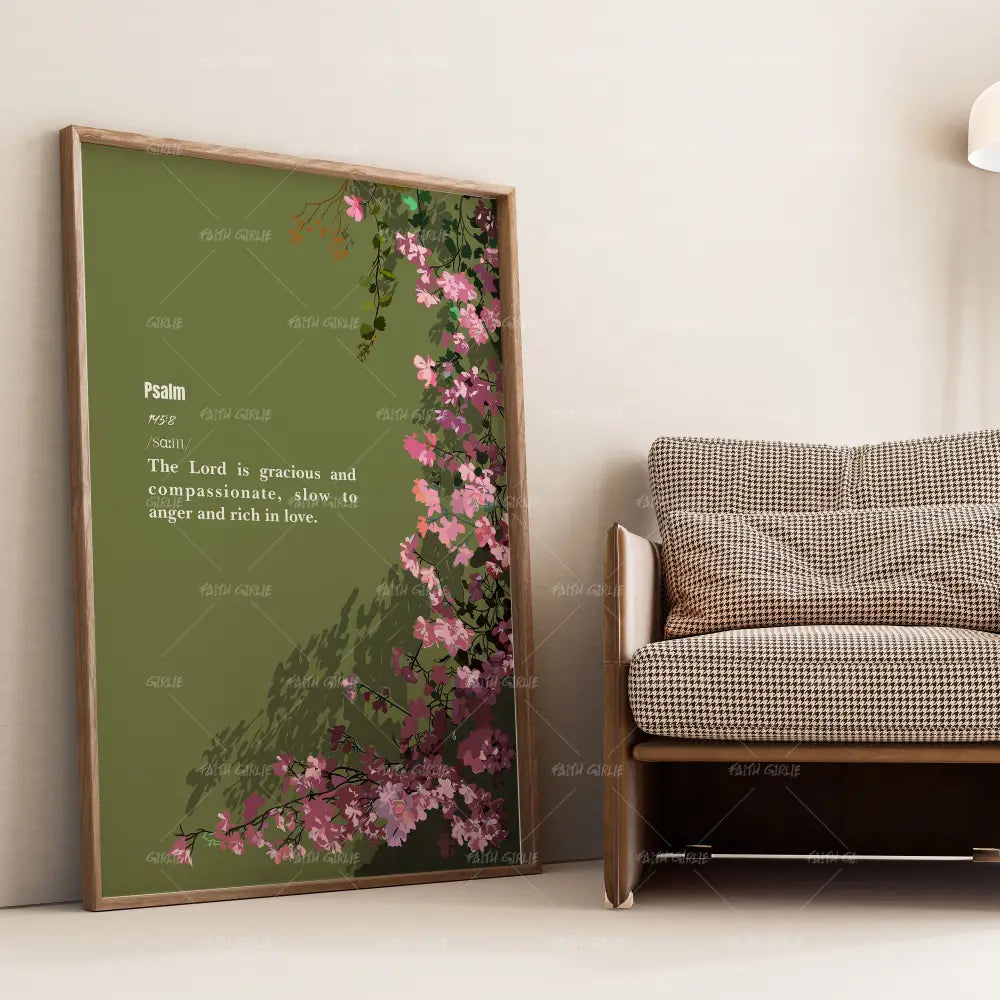 Psalm 145:8- Bible verse wall art and Christian wall art by Faith Girlie featuring faith-inspired designs, uplifting Scripture, and modern Christian home decor. Perfect for Christian living room decor, bedroom decor, office decor, prayer room decor, and meaningful Christian gifts for women and families.-Faith Girlie