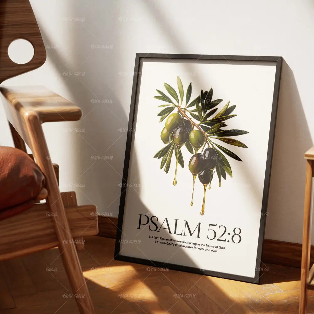 Psalm 52:8-wall art print featuring decorative artistic design suitable for living rooms, offices, and schools by Faith Girlie. Elevate your space with faith-inspired wall art designed to bring peace, purpose, and beauty into your home. At Faith Girlie, each piece is thoughtfully created to inspire reflection, strengthen faith, and celebrate a life grounded in God’s word.