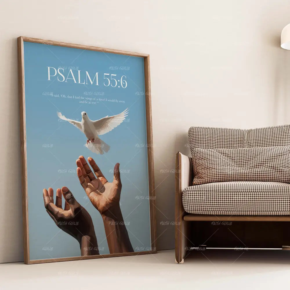 Psalm 55:6-wall art print featuring decorative artistic design suitable for living rooms, offices, and schools by Faith Girlie. Elevate your space with faith-inspired wall art designed to bring peace, purpose, and beauty into your home. At Faith Girlie, each piece is thoughtfully created to inspire reflection, strengthen faith, and celebrate a life grounded in God’s word.