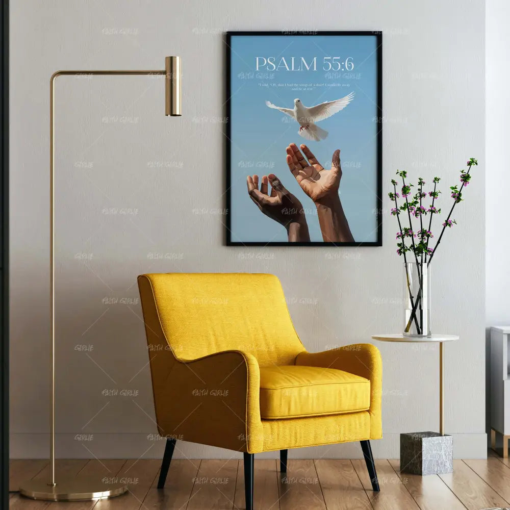 Psalm 55:6-wall art print featuring decorative artistic design suitable for living rooms, offices, and schools by Faith Girlie. Elevate your space with faith-inspired wall art designed to bring peace, purpose, and beauty into your home. At Faith Girlie, each piece is thoughtfully created to inspire reflection, strengthen faith, and celebrate a life grounded in God’s word.