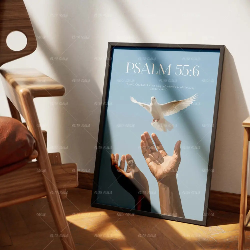 Psalm 55:6-wall art print featuring decorative artistic design suitable for living rooms, offices, and schools by Faith Girlie. Elevate your space with faith-inspired wall art designed to bring peace, purpose, and beauty into your home. At Faith Girlie, each piece is thoughtfully created to inspire reflection, strengthen faith, and celebrate a life grounded in Godās word.