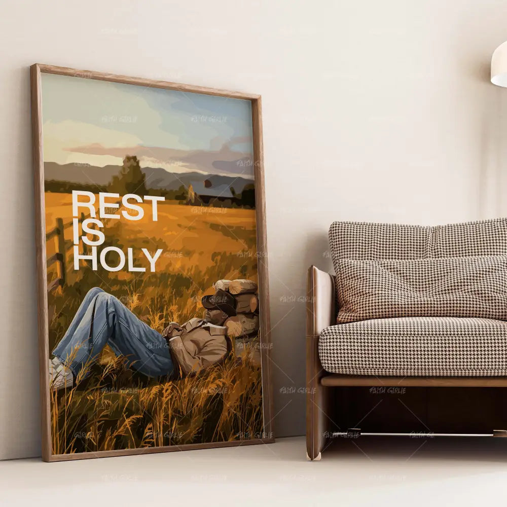 Rest Is Holy- Bible verse wall art and Christian wall art by Faith Girlie featuring faith-inspired designs, uplifting Scripture, and modern Christian home decor. Perfect for Christian living room decor, bedroom decor, office decor, prayer room decor, and meaningful Christian gifts for women and families.-Faith Girlie