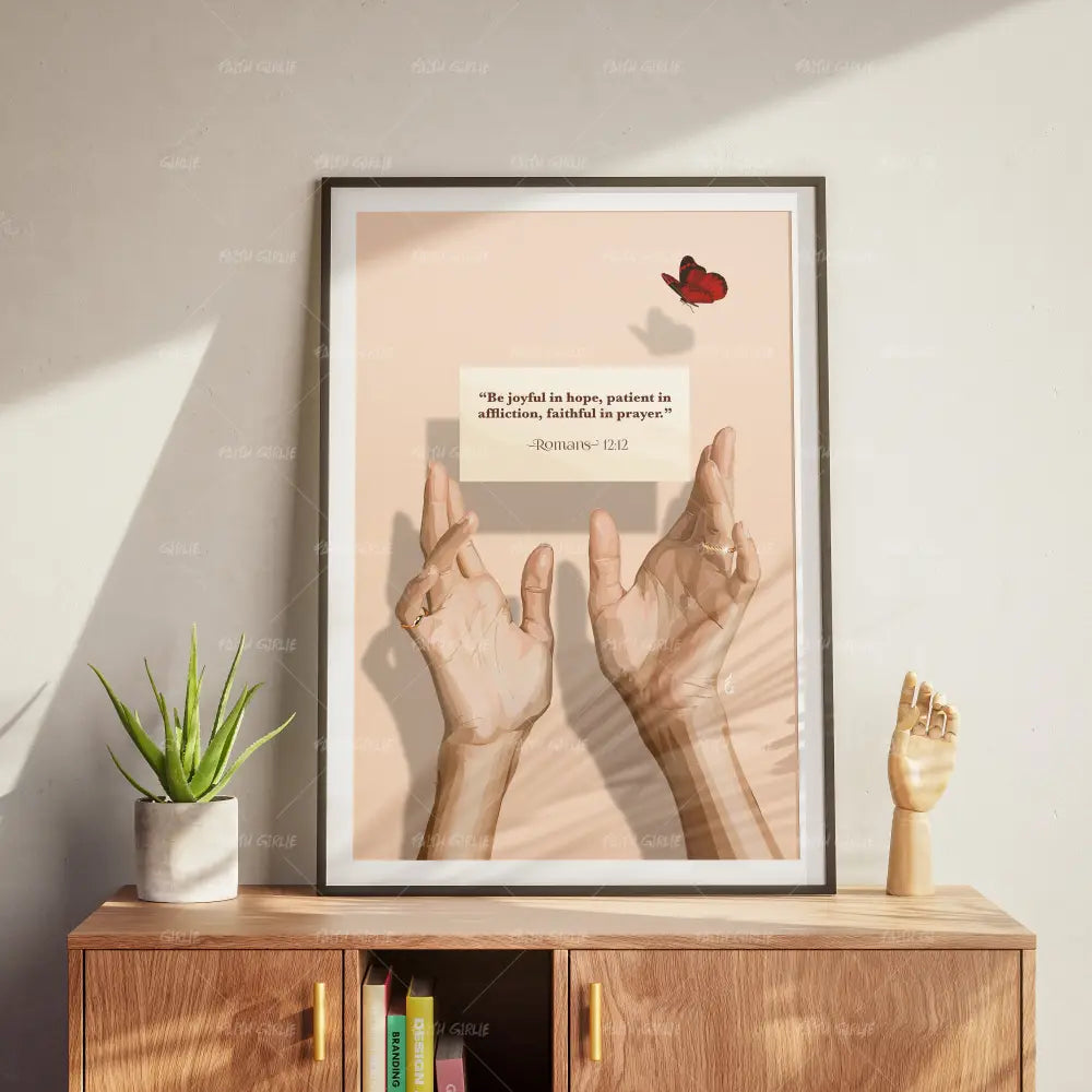 Romans 12:12- Bible verse wall art and Christian wall art by Faith Girlie featuring faith-inspired designs, uplifting Scripture, and modern Christian home decor. Perfect for Christian living room decor, bedroom decor, office decor, prayer room decor, and meaningful Christian gifts for women and families.-Faith Girlie