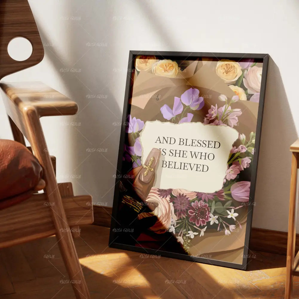 She's Blessed- Bible verse wall art and Christian wall art by Faith Girlie featuring faith-inspired designs, uplifting Scripture, and modern Christian home decor. Perfect for Christian living room decor, bedroom decor, office decor, prayer room decor, and meaningful Christian gifts for women and families.-Faith Girlie