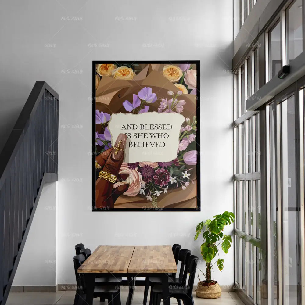 She's Blessed- Bible verse wall art and Christian wall art by Faith Girlie featuring faith-inspired designs, uplifting Scripture, and modern Christian home decor. Perfect for Christian living room decor, bedroom decor, office decor, prayer room decor, and meaningful Christian gifts for women and families.-Faith Girlie