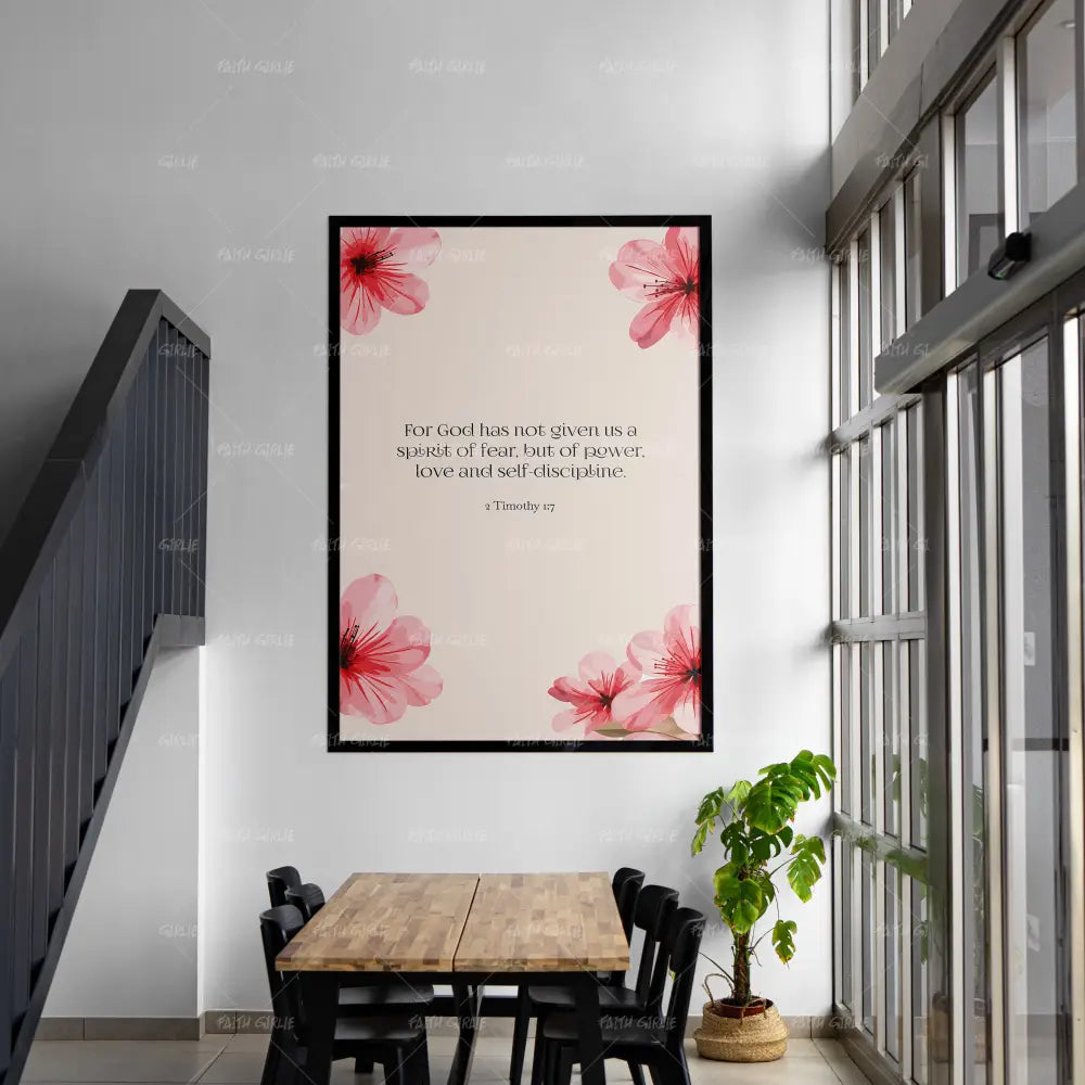 2 Timothy 1:7- Bible verse wall art and Christian wall art by Faith Girlie featuring faith-inspired designs, uplifting Scripture, and modern Christian home decor. Perfect for Christian living room decor, bedroom decor, office decor, prayer room decor, and meaningful Christian gifts for women and families.-Faith Girlie