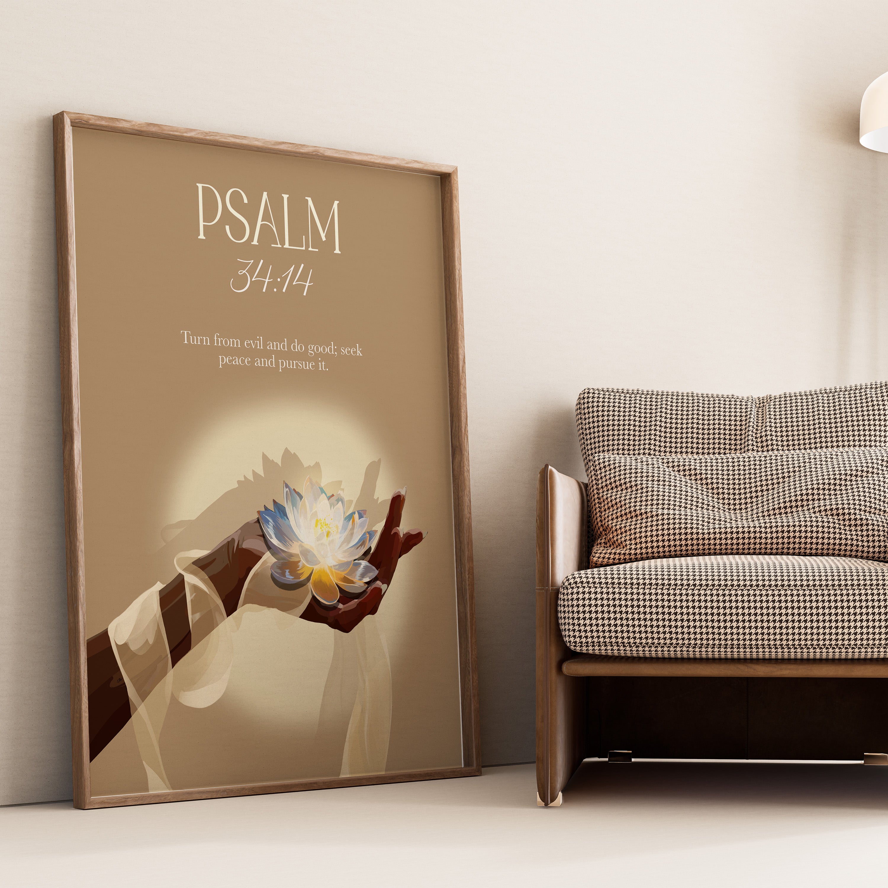 Psalm 34:14- Bible verse wall art and Christian wall art by Faith Girlie featuring faith-inspired designs, uplifting Scripture, and modern Christian home decor. Perfect for Christian living room decor, bedroom decor, office decor, prayer room decor, and meaningful Christian gifts for women and families.-Faith Girlie