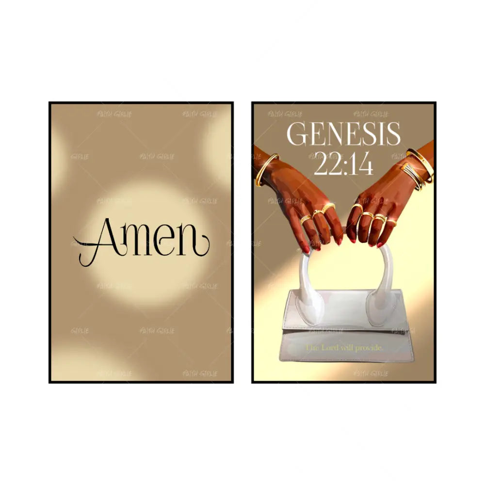 Art Print Bundle : Amen Gold + Genesis 22:14- Bible verse wall art and Christian wall art by Faith Girlie featuring faith-inspired designs, uplifting Scripture, and modern Christian home decor. Perfect for Christian living room decor, bedroom decor, office decor, prayer room decor, and meaningful Christian gifts for women and families.-Faith Girlie
