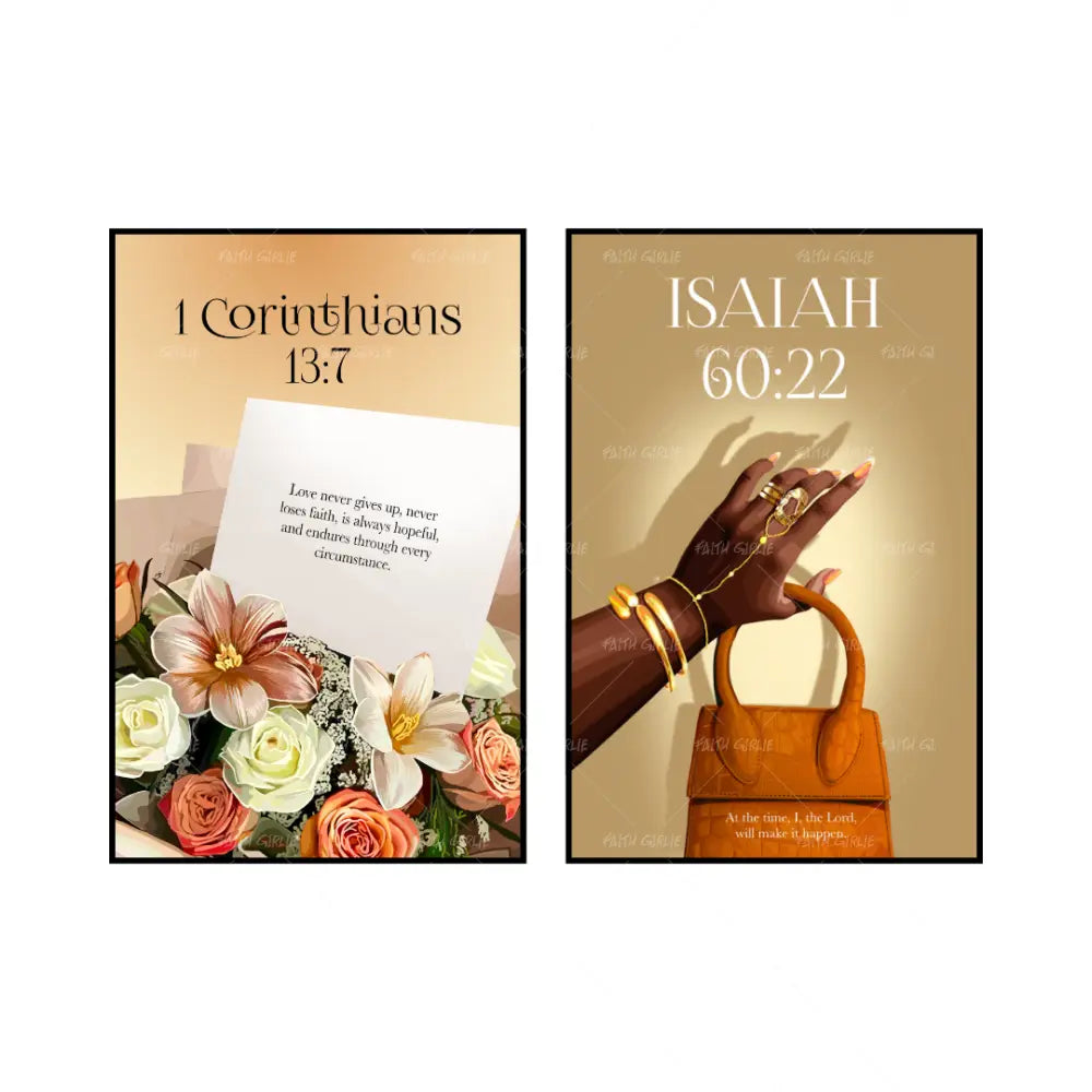 Art Print Bundle : I Corinthians 13:7 + Isaiah 60:22- Bible verse wall art and Christian wall art by Faith Girlie featuring faith-inspired designs, uplifting Scripture, and modern Christian home decor. Perfect for Christian living room decor, bedroom decor, office decor, prayer room decor, and meaningful Christian gifts for women and families.-Faith Girlie