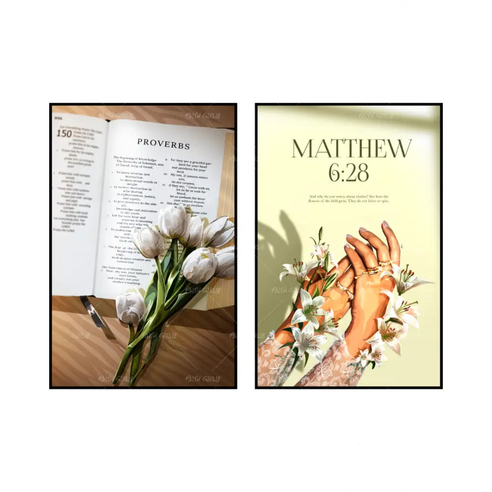 Art Print Bundle : Proverbs + Matthew 6:28- Bible verse wall art and Christian wall art by Faith Girlie featuring faith-inspired designs, uplifting Scripture, and modern Christian home decor. Perfect for Christian living room decor, bedroom decor, office decor, prayer room decor, and meaningful Christian gifts for women and families.-Faith Girlie