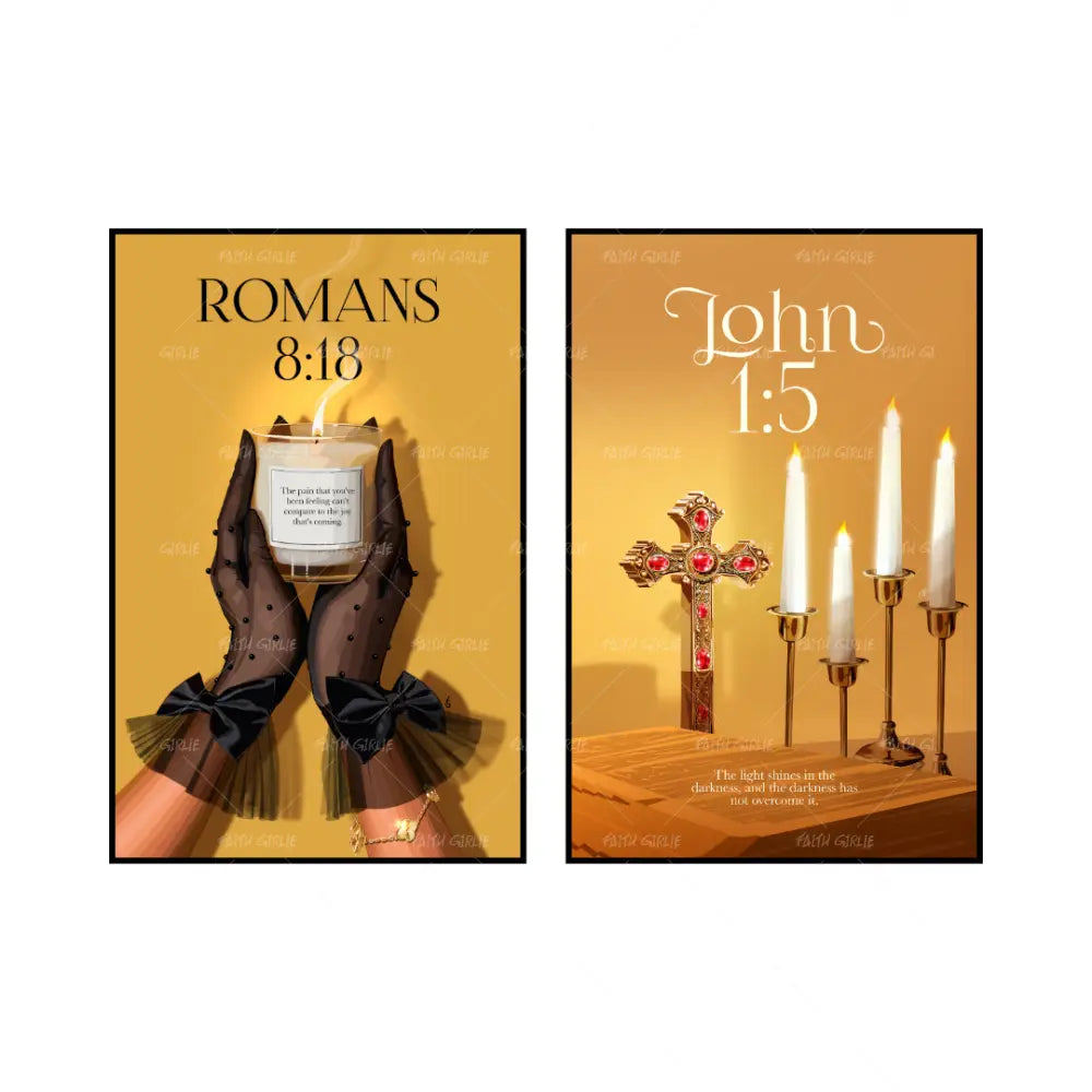 Art Print Bundle : Romans 8:18 + John 1:5- Bible verse wall art and Christian wall art by Faith Girlie featuring faith-inspired designs, uplifting Scripture, and modern Christian home decor. Perfect for Christian living room decor, bedroom decor, office decor, prayer room decor, and meaningful Christian gifts for women and families.-Faith Girlie