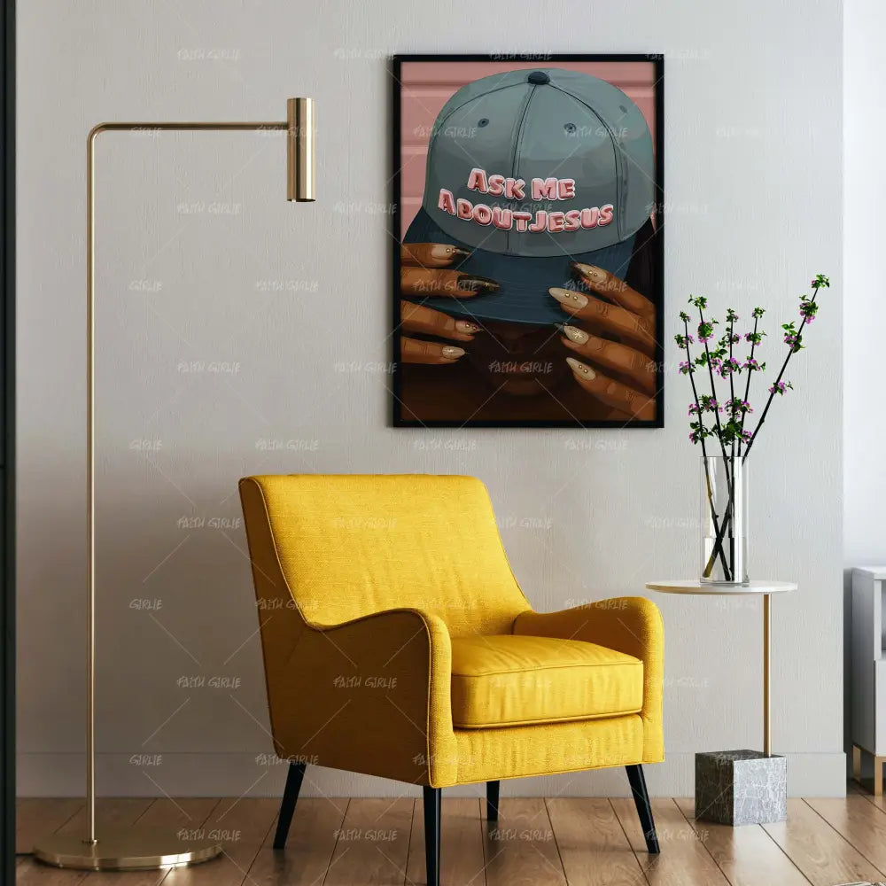 Ask Me About Jesus-wall art print featuring decorative artistic design suitable for living rooms, offices, and schools by Faith Girlie. Elevate your space with faith-inspired wall art designed to bring peace, purpose, and beauty into your home. At Faith Girlie, each piece is thoughtfully created to inspire reflection, strengthen faith, and celebrate a life grounded in God’s word.