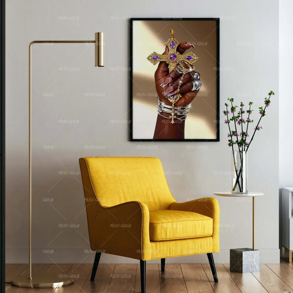 Cross in Hand- Bible verse wall art and Christian wall art by Faith Girlie featuring faith-inspired designs, uplifting Scripture, and modern Christian home decor. Perfect for Christian living room decor, bedroom decor, office decor, prayer room decor, and meaningful Christian gifts for women and families.-Faith Girlie