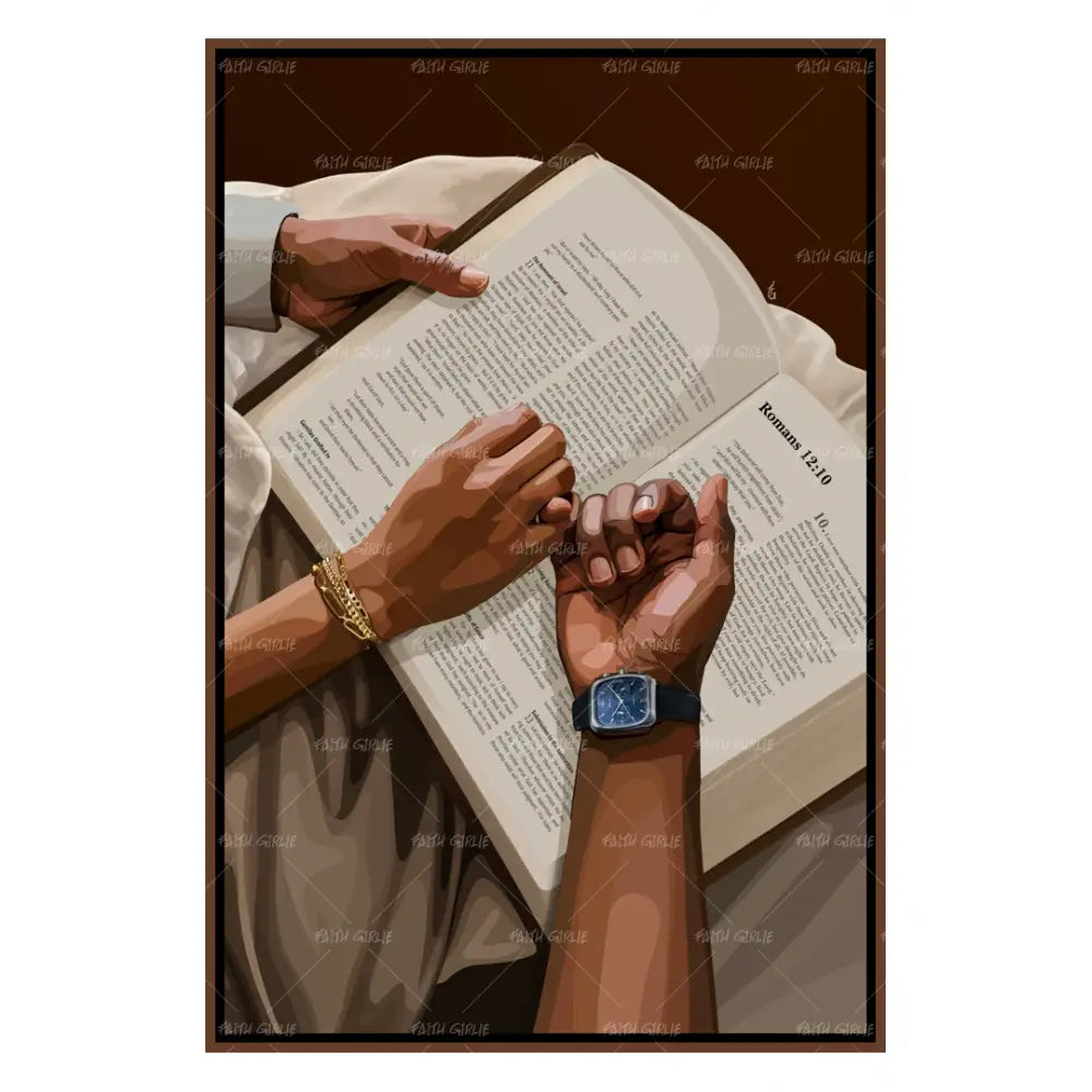 Devoted In Love Christian couple wall art by Faith Girlie featuring two people holding hands over an open Bible, symbolizing faith, unity, and lasting love.