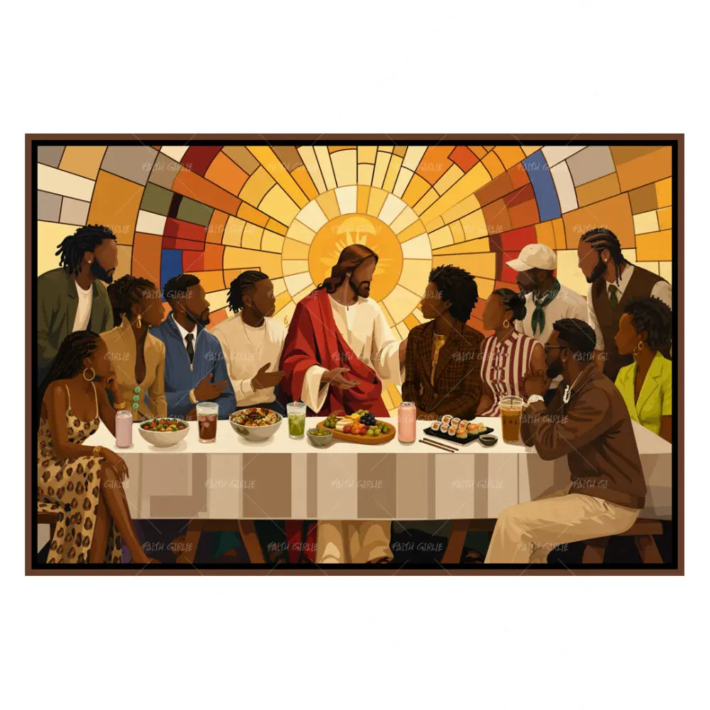 God’s People Christian fellowship wall art by Faith Girlie featuring Jesus seated at a table with a diverse group sharing food and conversation beneath a radiant stained-glass-inspired background.
